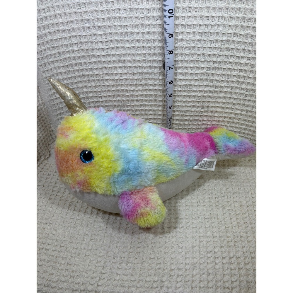 A&A Global Narwhal Plush Kids 10in Rainbow Good Tie Dye Gold Horn Glitter Eyes